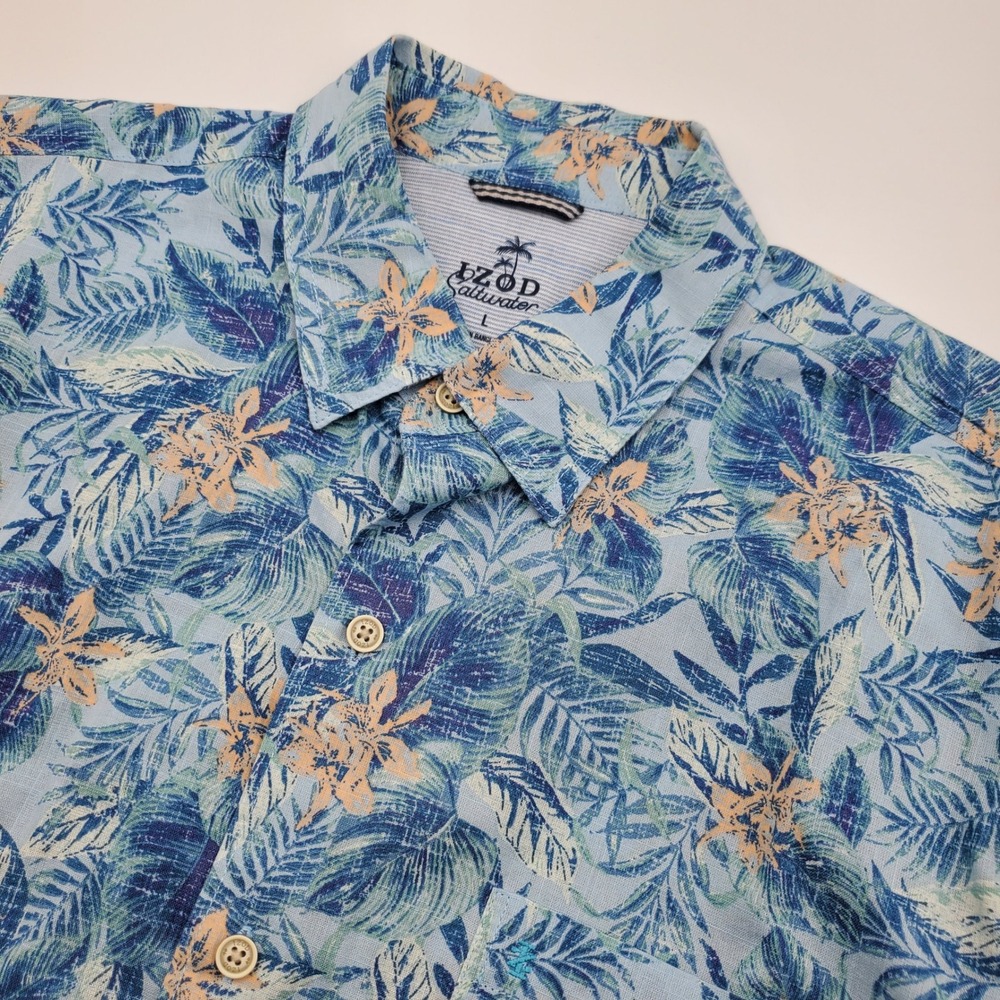 IZOD Saltwater Mens Large Blue Tropical Floral Cotton Short Sleeve Button Shirt